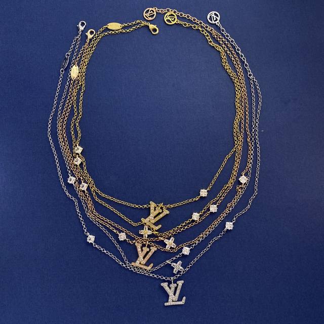 Lu92 69 69 Lv Louis Vuitton Korean Edition Fashion Light Luxury Full Diamond Set LV Letter Cross Diamond Square Diamond Horse Eye Diamond Double layer Chain Necklace Brass Material Gold Plated in 3 Colors
