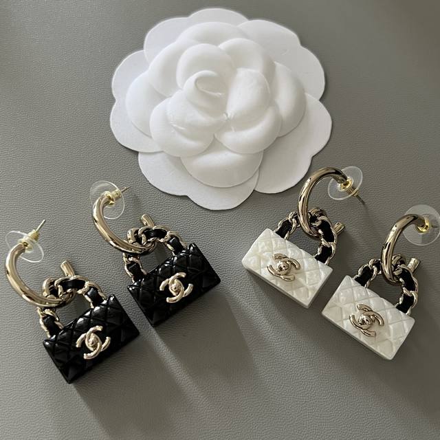 Chanel C Home Bag Leather Earrings Same Material 925 Silver Needle: