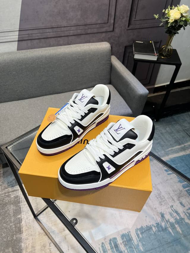 LV's top version new purchasing quality LV~Louis Vuitton Lv TRAINER's best looking sports shoes, donkey brand vigorously promotes new products, official website limited edition retro basketball sports shoes! High top and low top both spend a lot of m