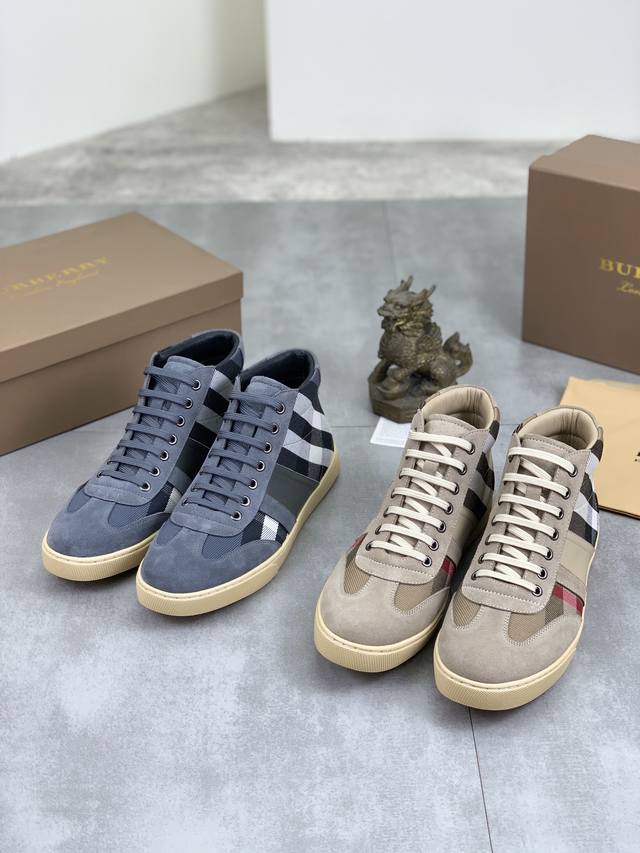 Factory price real price leather and velvet knight Burberry sports men's shoes, new casual high top men's shoes, new spring and summer season design, perfect workmanship, lazy foot style to create cabinet quality, shoe upper: fashionable and exquisit