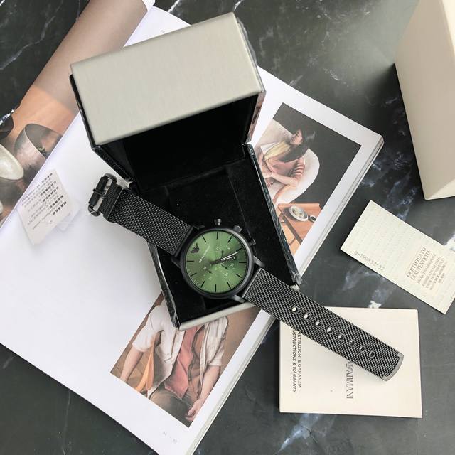 In stock Emporio Armani watches, business and leisure three eye timing multifunctional men's watch with green dial woven strap, men's quartz watch Ar11470, natural and rich green dial, three eye timing meets various needs: