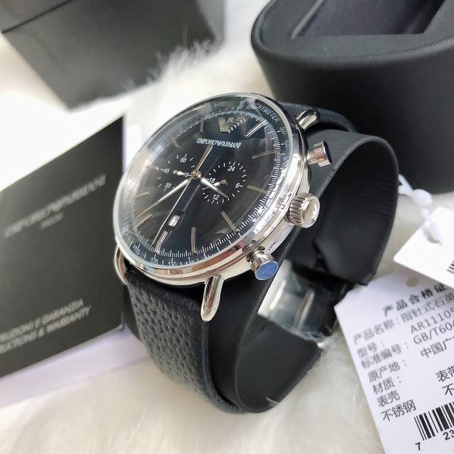 Original Armani ARMANI Official Website Model: AR11105 Case: 316L Stainless Steel Mirror: Mineral Glass Strap: Italian Leather Size: 43 * 12mm Charm Blue Color Matching Functional Dial Flight: