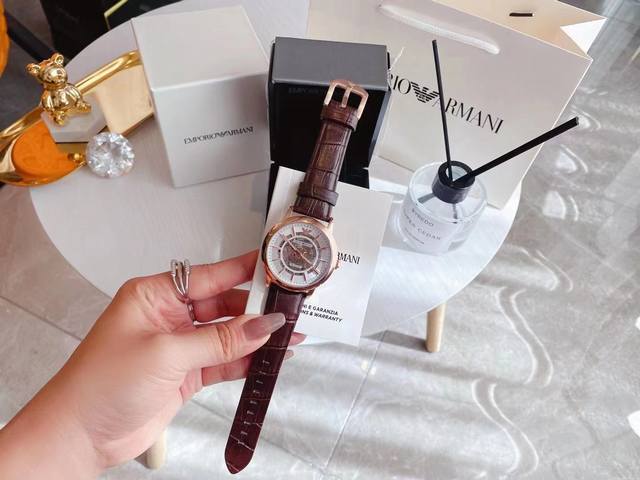 Armani Watch Men's Watch ar60007 with Unique Craftsmanship 316 Stainless Steel Header Trendy Hollow Design Rich in Modern Art Beautiful Hollow Italian Head Leather Strap Mineral Crystal Mirror Fully Automatic Mechanical Men's Watch Dial Size: 42: