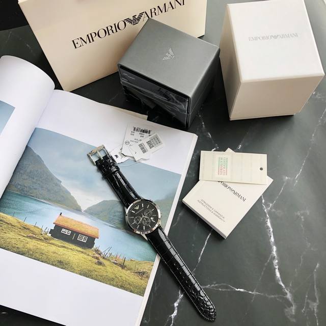 Armani Classic Casual Business Edition in stock, men's leather strap watch, model ar2447 black dial, three eye design, calf leather strap quartz watch, dial diameter 43mm mineral glass mirror, clear and high transparency, design: