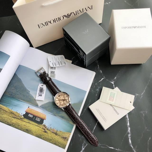 Spot Emporio Amani Armani Watch - Fashion Series Ar2433 Quartz Men's Watch Charming Genuine Leather Temptation Showcases Men's Charm. Tea colored large dial three eye multifunctional business quartz watch dial diameter 43Mm watch: