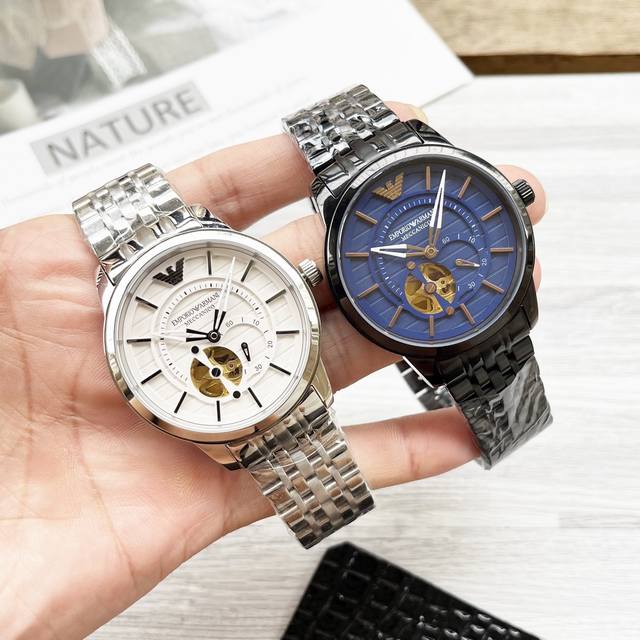 Unified Armani Men's Watch Song Weilong's Trendy Hollow Mechanical Watch with Unique Craftsmanship, Fashionable and Casual Transparent Heart, Rich in Modern Art, Exquisite Hollow Crown Logo Eagle shaped Hollow Dial Bar Fixed Nail Scale Matte Steel St