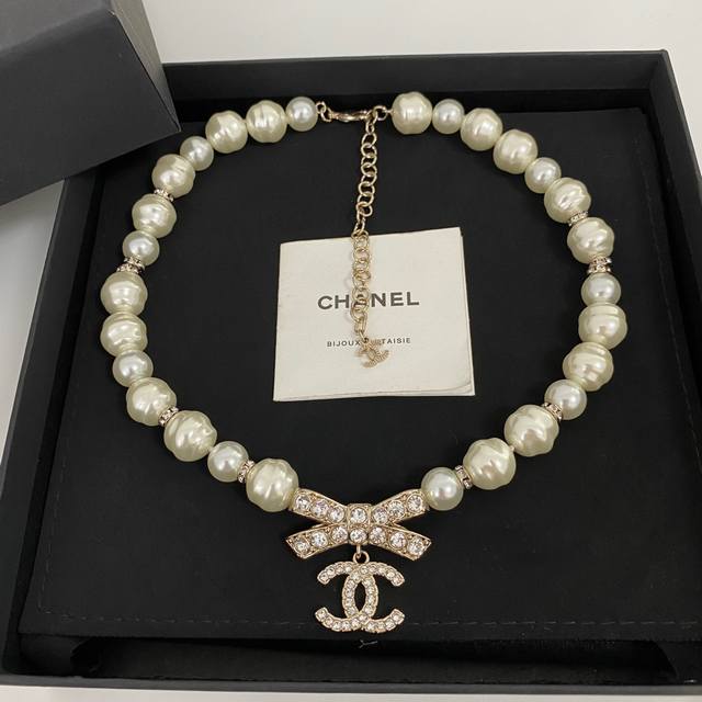 Chanel C Bow CC Pearl Necklace Same Material