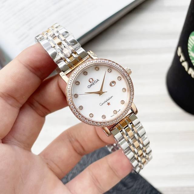 White shell: Gold shell: Steel strip 20 Ceramic 30 Diamond 30 Omega women's watch with original imported quartz movement, mineral glass mirror 316 stainless steel case diameter for men 40mm, women 30mm, thickness 8Mm. If today's sunshine: