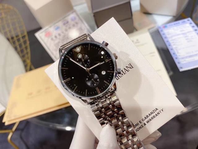 Armani boutique men's wristwatch exudes a gentlemanly style. Adopting the top-notch imported quartz movement for absolute precision in timekeeping, the watch strap is made of top-grade 316 black stainless steel material with mineral super strong mirr