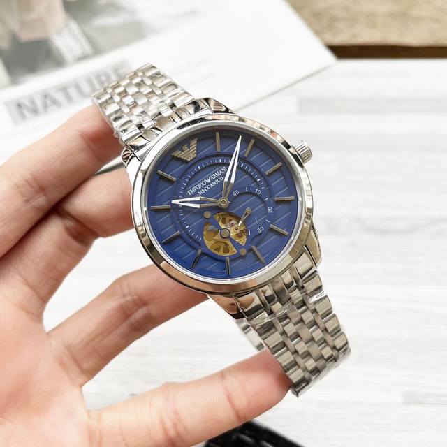 Unified Armani Men's Watch Song Weilong's Trendy Hollow Mechanical Watch with Unique Craftsmanship, Fashionable and Casual Transparent Heart, Rich in Modern Art, Exquisite Hollow Crown Logo Eagle shaped Hollow Dial Bar Fixed Nail Scale Matte Steel St