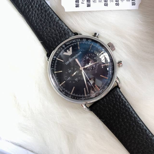 Original Armani ARMANI Official Website Model: AR11105 Case: 316L Stainless Steel Mirror: Mineral Glass Strap: Italian Leather Size: 43 * 12mm Charm Blue Color Matching Functional Dial Flight: