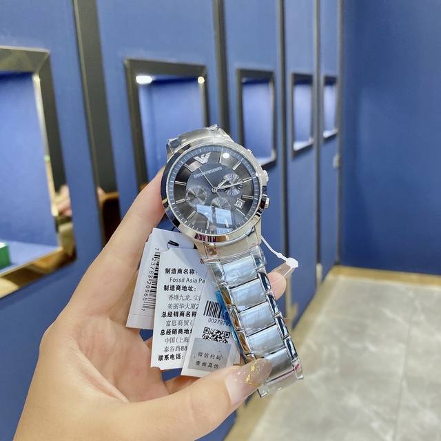 The true original Armani Renato series details can be seen in the quality, fashionable men's watch, noble steel prince, deep and elegant black large dial, three eye multifunctional business quartz watch, dial diameter 43Mm, dial thickness 11Mm, expor