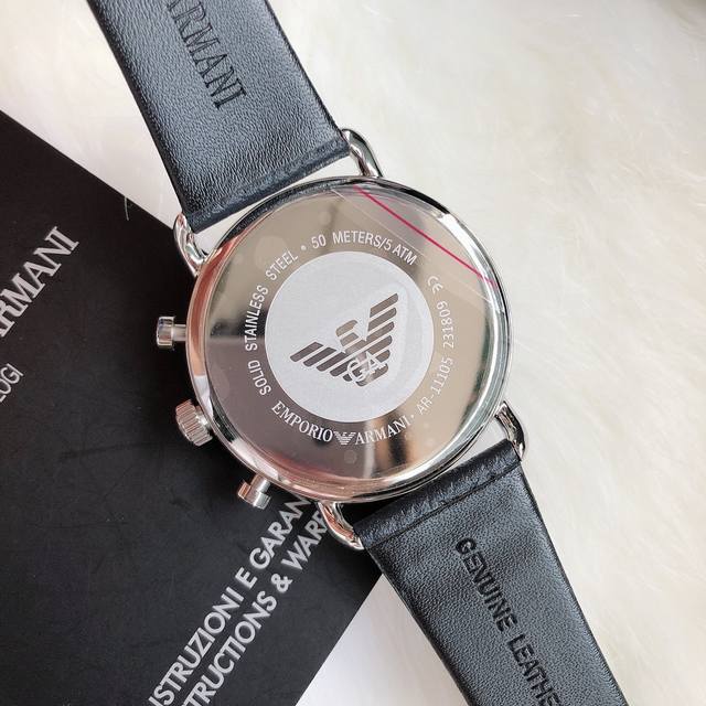 Original Armani ARMANI Official Website Model: AR11105 Case: 316L Stainless Steel Mirror: Mineral Glass Strap: Italian Leather Size: 43 * 12mm Charm Blue Color Matching Functional Dial Flight: