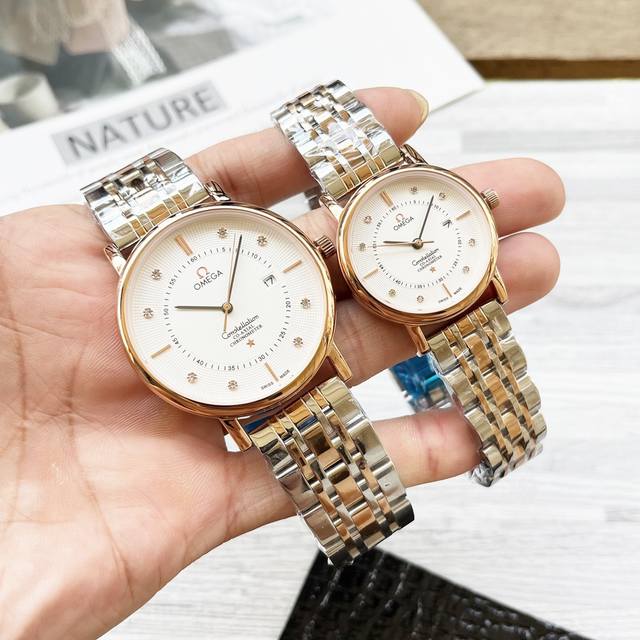 White shell: Gold shell: Steel strap 20 Omega couple watch original imported quartz movement mineral glass mirror 316L stainless steel case diameter for men 40mm and women 30mm, thickness 8Mm. If today's sunlight stops its dazzling light: