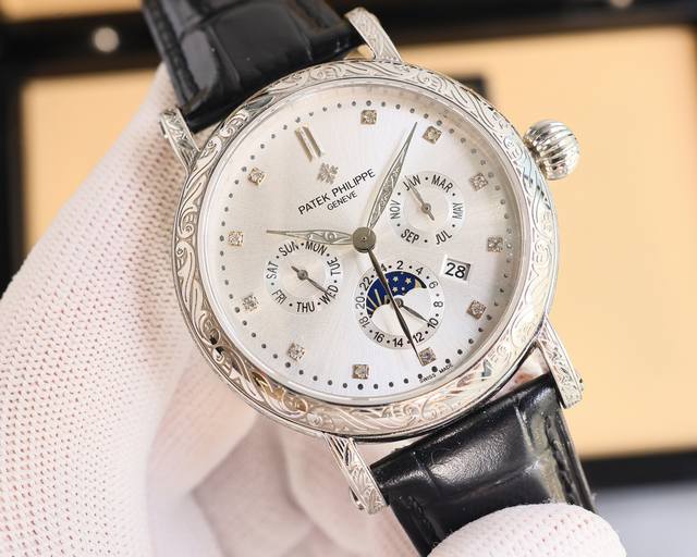 White gold Patek Philippe complex function series - pure handmade - carved watch - stunning debut, with a 42mm diameter suitable for men's hand sizes, very business or casual. The entire watch case is hand carved with patterns, including: