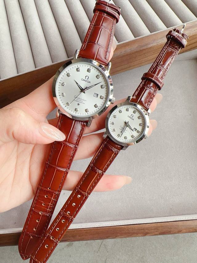 Platinum steel strip 20 Omega couple watch with original imported quartz movement, mineral glass mirror 316L stainless steel case, diameter of 40mm for men and 30mm for women, thickness of 8Mm. If today's sunlight stops its dazzling light. So: