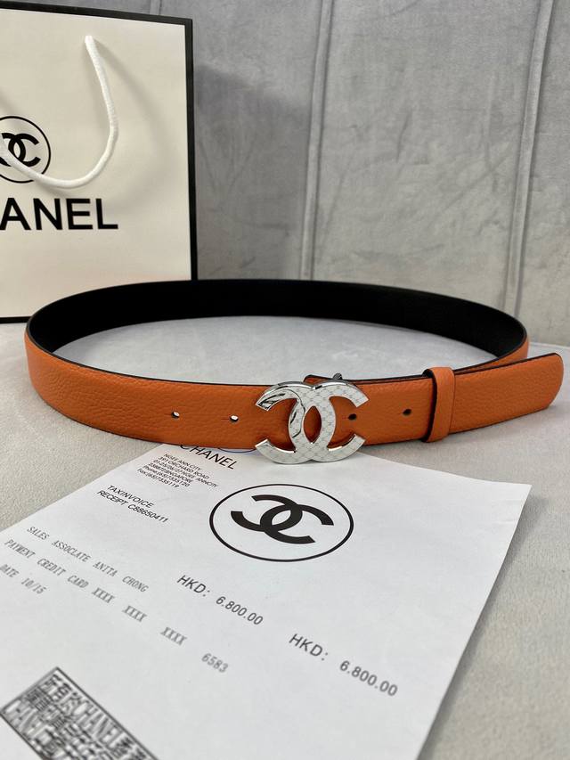 Width 3.0cm Chanel lychee patterned cowhide gold silver patterned metal steel buckle