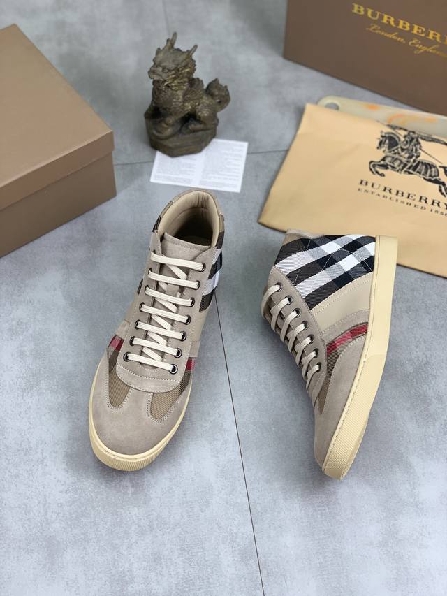 Factory price real price leather and velvet knight Burberry sports men's shoes, new casual high top men's shoes, new spring and summer season design, perfect workmanship, lazy foot style to create cabinet quality, shoe upper: fashionable and exquisit