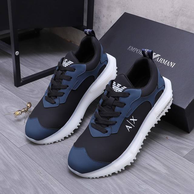 Product Trademark: Armani Casual Shoes Size: 38-44 Product Material: Selected Cowhide Splicing Upper Breathable Mesh Inner Rubber outsole
