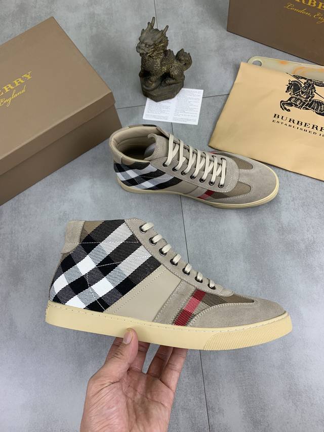 Factory price real price leather and velvet knight Burberry sports men's shoes, new casual high top men's shoes, new spring and summer season design, perfect workmanship, lazy foot style to create cabinet quality, shoe upper: fashionable and exquisit