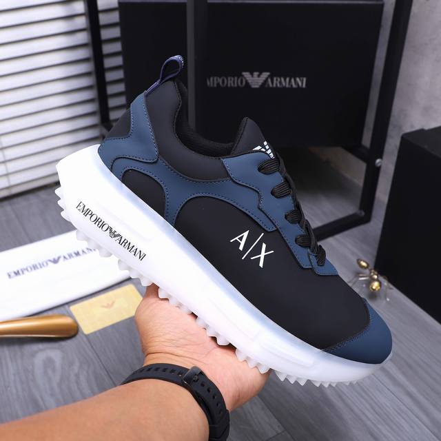 Product Trademark: Armani Casual Shoes Size: 38-44 Product Material: Selected Cowhide Splicing Upper Breathable Mesh Inner Rubber outsole