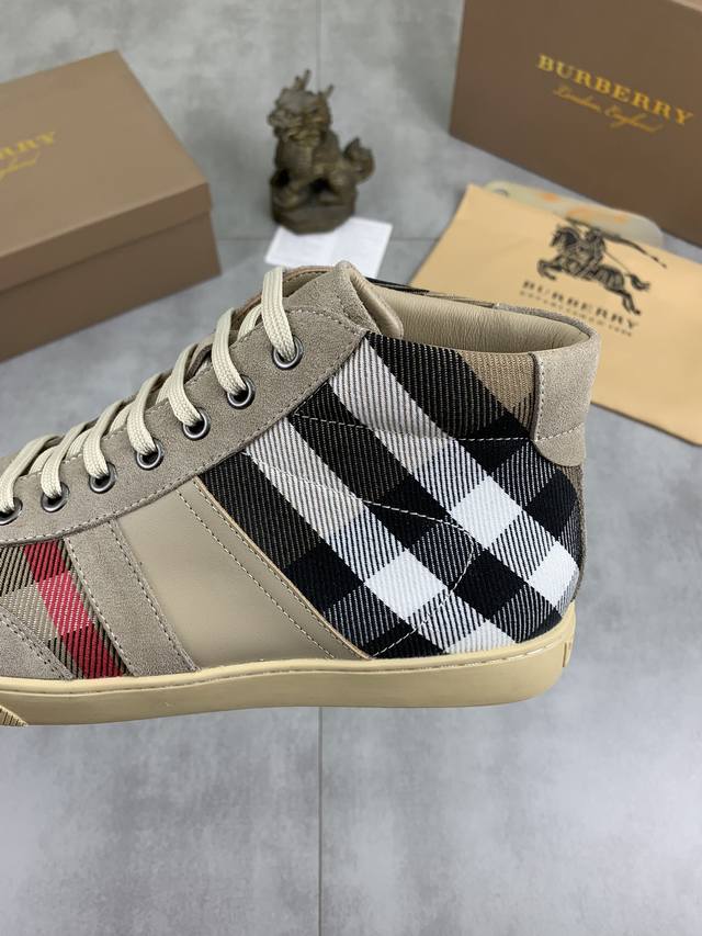 Factory price real price leather and velvet knight Burberry sports men's shoes, new casual high top men's shoes, new spring and summer season design, perfect workmanship, lazy foot style to create cabinet quality, shoe upper: fashionable and exquisit